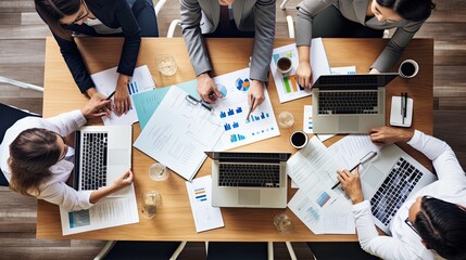 Office Table with Four People Hands Working collage of business people working in the office