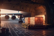 Cargo plane and a car with cargo at the airport. Loading transport aircraft in the cargo terminal of the airport. International freight transport and logistics concept. 3D illustration.