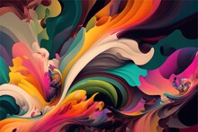 An Abstract Painting Of Multicolored Waves And Shapes With A Black Frame On The Bottom Of The Image And Bottom Of The Image With A White Border With A Black Border And Red Border.