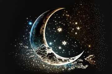 Wall Mural - a painting of a crescent moon with stars in the sky above it and clouds in the foreground, with a black background with stars in the sky and clouds, and stars in the background.