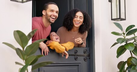 Canvas Print - Mother, father and child at door of home enjoying new house for bonding, quality time and trust. Happy family, love and mom, dad and young boy with view of backyard for relaxing, happiness and care