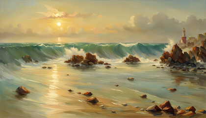 Wall Mural - beautiful evening by the rocky beach with high waves with golden light and copy space digital art