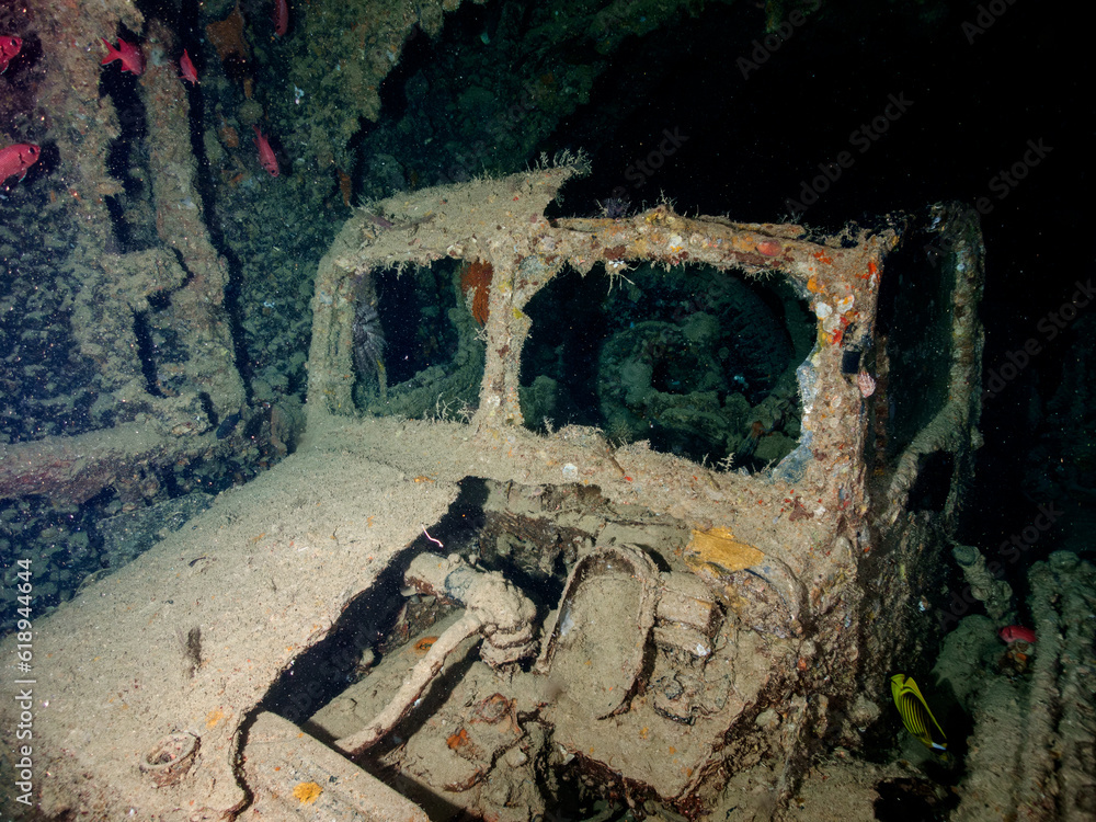 WWII truck inside the ship wreck of the SS Thistlegorm in the Red Sea ...