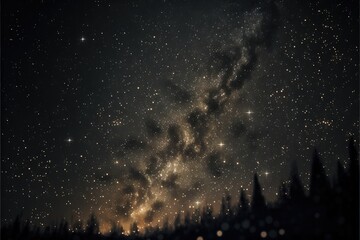 a night sky with stars and trees in the foreground and the milky in the distance with a bright yellow dot in the middle of the sky and a black spot in the middle of the foreground. Generative ai