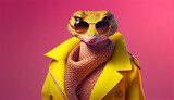 Cool looking Snake wearing funky fashion dress - bright yellow jacket, vest, sunglasses. Wide pink banner with space for text right side. Stylish animal posing as a supermodel, Created with AI