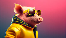 A Cool Looking Pig Wearing Funky Fashion Dress - Bright Yellow Jacket, Vest, Sunglasses. Wide Pink Banner With Space For Text Right Side. Stylish Animal Posing As A Supermodel, Created With AI
