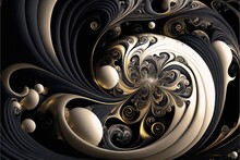 A Computer Generated Image Of A Black And White Swirl With Gold Accents And Bubbles In The Center Of The Image Is A Spiral Design With White Balls And Black And Gold Accents On The Bottom.