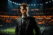 © Mustafa - An image of a businessman standing confidently in a floodlit stadium. Generative AI
