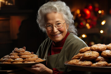 Wall Mural - Happy grandmother, smiling elderly woman with tasty cookies, Christmastime, festive Christmas background, generative AI.