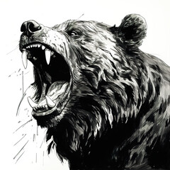 a black and white drawing of a bear with its mouth open. generative ai.