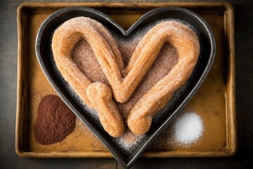 Wall Mural - a heart-shaped tray of freshly fried churros with cinnamon sugar perfect for sharing, created with generative ai