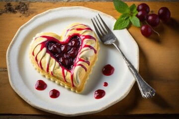 Poster - heart-shaped danish pastry with a tart cherry filling on a white plate, created with generative ai