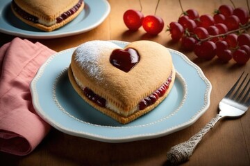 Wall Mural - heart-shaped pastry with a cherry filling on white plate, created with generative ai