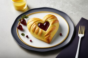 Wall Mural - heart-shaped danish pastry on a white plate, with red fruit filling visible, created with generative ai
