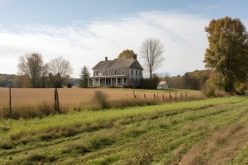 Wall Mural - farmhouse surrounded by rolling fields, with barn in the background, created with generative ai