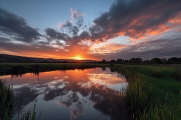 Wall Mural - dreamy sunset over serene landscape, with sky and clouds in the foreground, created with generative ai