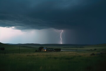 Poster - stormy sky with lightning and rolling thunder above serene landscape, created with generative ai