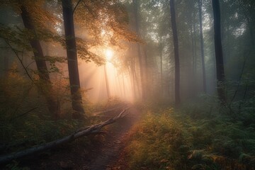 Canvas Print - serene forest with misty morning sunrise, created with generative ai