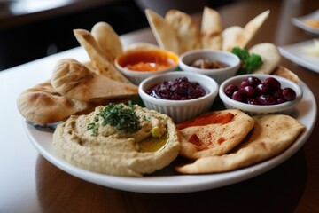 Wall Mural - platter of assorted vegan delights: hummus, baba ghanoush, dolmeh and pita, created with generative ai