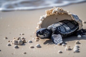 Canvas Print - sea turtle hatching, with flippers and shell visible, created with generative ai