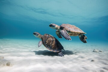 Poster - baby sea turtle swimming in the ocean, with its mother nearby, created with generative ai