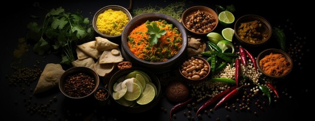 Wall Mural - Assorted indian food on black background