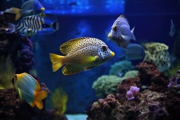 Wall Mural - tropical fish and marine life in aquarium with view of the sea, created with generative ai