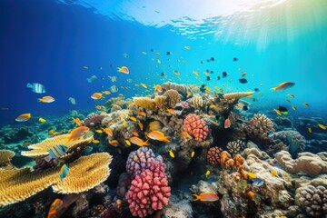 Poster - school of tropical fish swimming in formation among colorful coral reef, created with generative ai