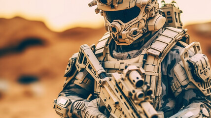 Poster - soldier wears combat suit, war and mission, in action, combat suits and armament, machine gun, men in technological robot armour, bulletproof suits, fictitious place and happening