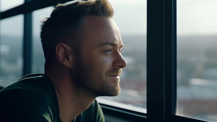 happy young adult smiling man at the window, good mood, zest for action and thirst for adventure, everyday life, fictitious place