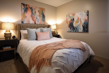 Canvas Print - wall art in bedroom surrounded by plush duvet cover and warm lighting, created with generative ai