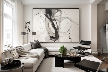 Poster - simple white wall with black and silver art for modern yet sleek look, created with generative ai