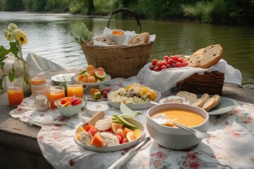 Poster - summertime picnic with fresh produce and prepared foods for a casual yet stylish spread, created with generative ai