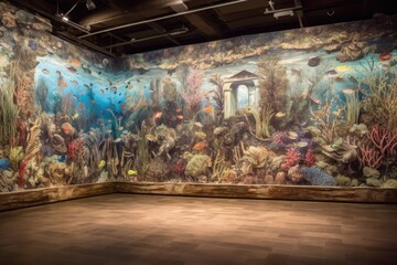 Poster - full-wall mural depicting fantastical underwater landscape, with schools of fish, coral reef and shipwreck in the distance, created with generative ai