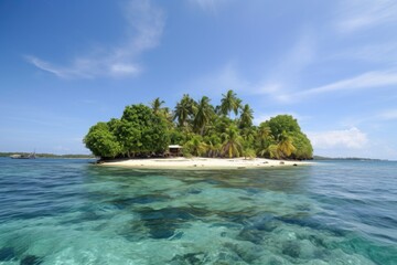 Canvas Print - remote island with beach and palm trees, a perfect getaway for swimming and snorkeling, created with generative ai