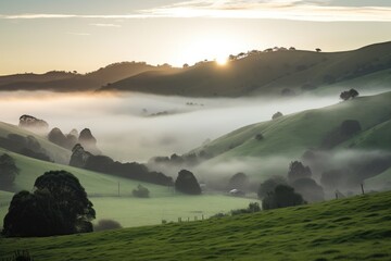 Poster - rolling hills with misty morning fog, the sunrise breaking through, created with generative ai