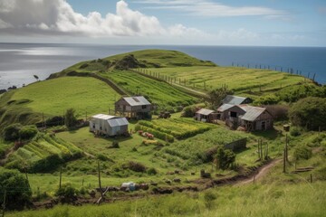 Poster - remote island farm, with livestock and crops, providing sustainable living, created with generative ai