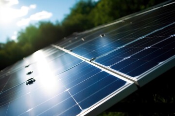 Canvas Print - close-up of solar panel, with the sun shining down on it, created with generative ai