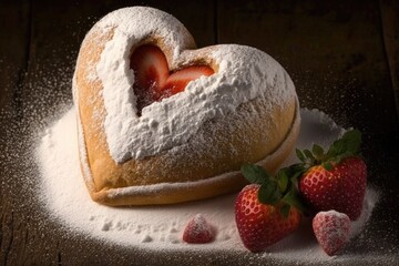 Wall Mural - heart-shaped breakfast roll, topped with fresh strawberries and powdered sugar, created with generative ai