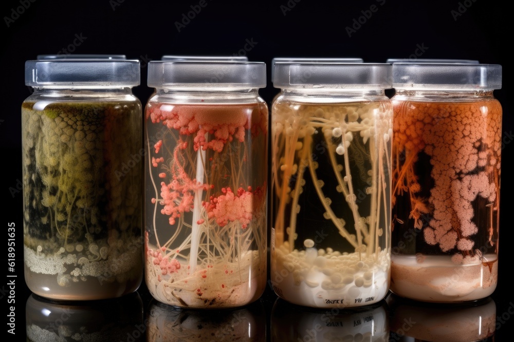 microbial culture of bacteria with multiple generations visible, growing and dividing, created with generative ai