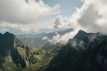 Poster - panoramic view of towering mountain range with clouds scudding across the sky, created with generative ai