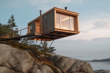 Poster - tiny house perched atop platform or stand to give the illusion of floating, created with generative ai