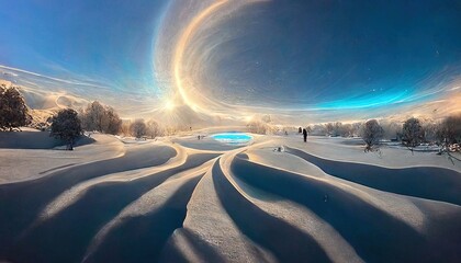 Wall Mural - a snow covered field with a sky full of clouds and a person standing in the middle of the field with a snow covered field in the foreground and a blue sky with a circle.