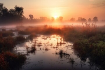 Sticker - wetlands and marshes in the morning mist, with colorful sunrise, created with generative ai