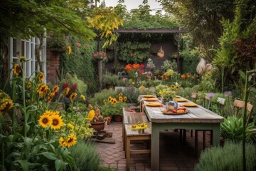 Poster - beautiful dining setting surrounded by sunflowers and succulent garden, created with generative ai