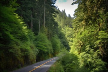 Wall Mural - scenic highway, with view of lush forest and towering trees, created with generative ai