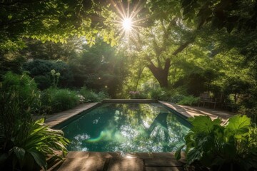 Sticker - sparkling pool with sunbeams shining down, surrounded by greenery, created with generative ai