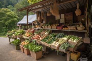 Poster - busy vegetable stand with diverse selection of produce and handmade signs, created with generative ai