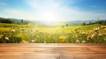 An Illustration Of Spring-summer Beautiful Background With Green, Juicy Young Grass And An Empty Wooden Table In The Outdoor Nature With Blue Sky And Sun. Created With Generative AI Technology