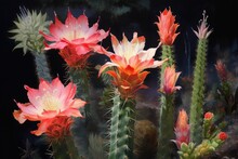 Cactus Flowers And Buds At Different Stages, Created With Generative Ai